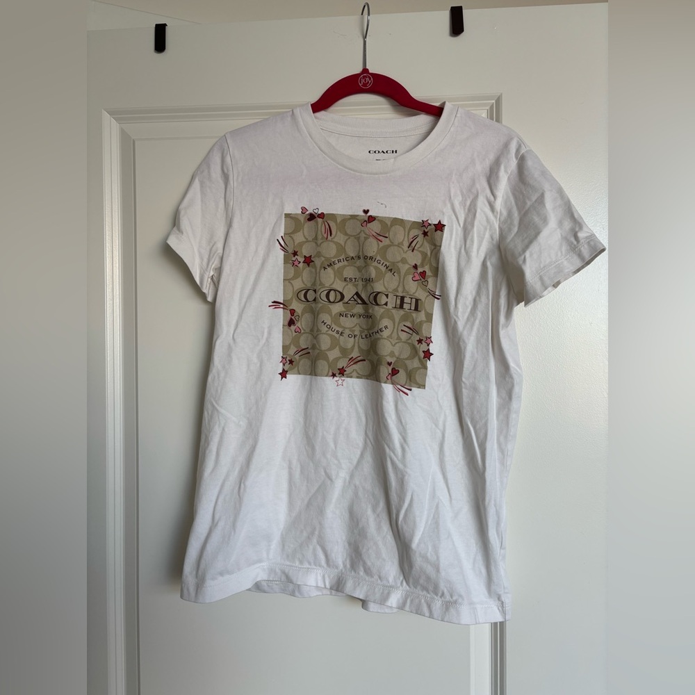COACH White Logo Graphic Tee with Beige Signature Print